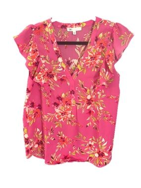 DR2 Bright Pink Floral Ruffle Sleeve V-Neck Blouse